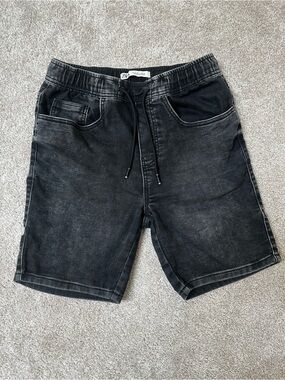 Zara Black Washed Relaxed Denim Drawstring Shorts